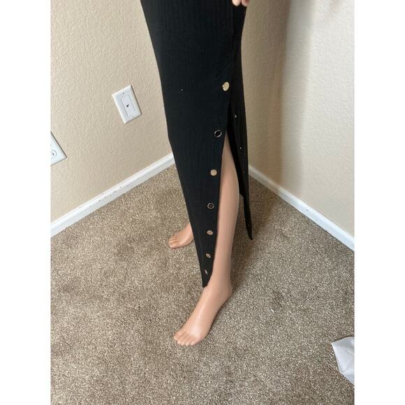 BeBe maxi dress ribbed side slit stretch gold buttons back zip up SZ SM black - Picture 9 of 10